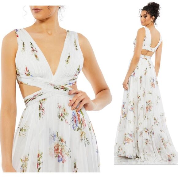 Mac Duggal 67940 Size 2 Floral Print Cutout Waist Tiered White Multicolor Dress - Picture 1 of 10